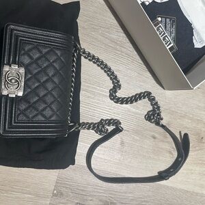 SMALL BOY CHANEL Black Crossbody Bag with Gunmetal Chain